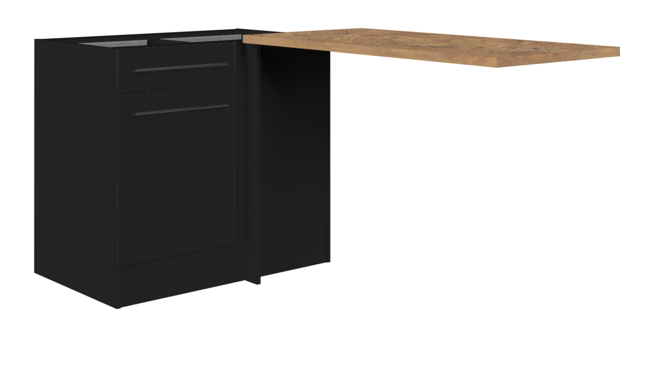 Yourkitchen Eckunterschrank JAZZ Schwarzer Eckunterschrank mit ausziehbarer Holzplatte, seitliche Perspektive
