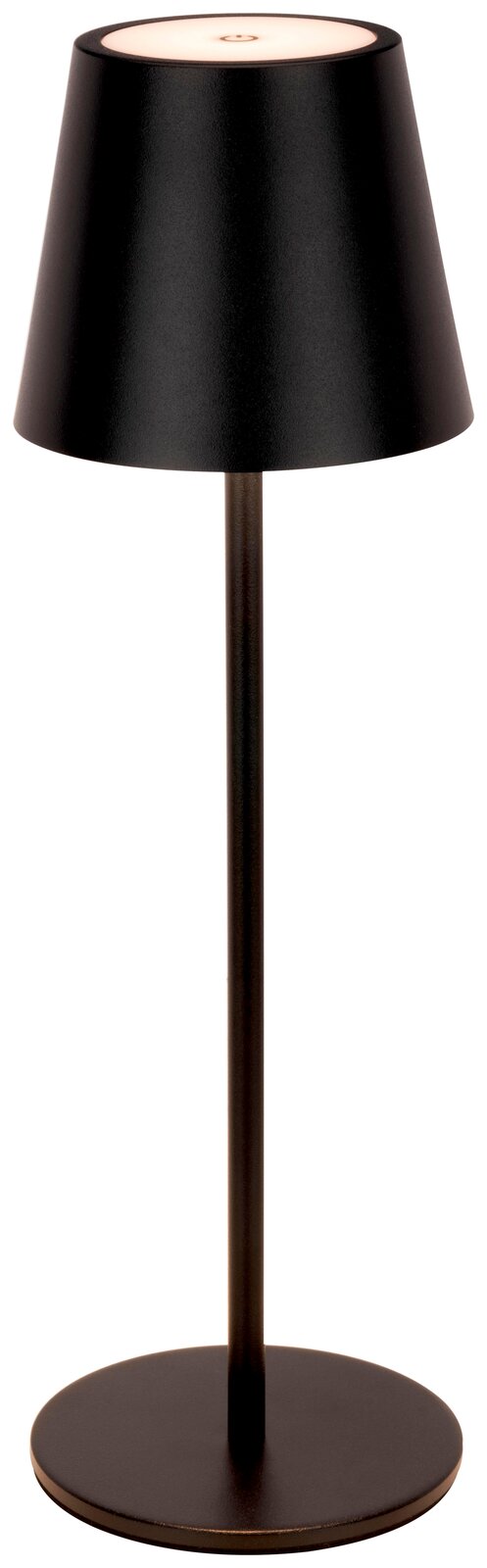 Schwarze Akku-Tischleuchte mit konischem Schirm, frontal betrachtet