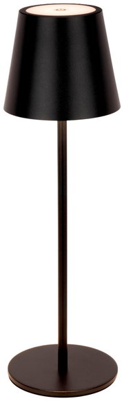 Schwarze Akku-Tischleuchte mit konischem Schirm, frontal betrachtet