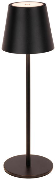 Schwarze Akku-Tischleuchte mit konischem Schirm, frontal betrachtet