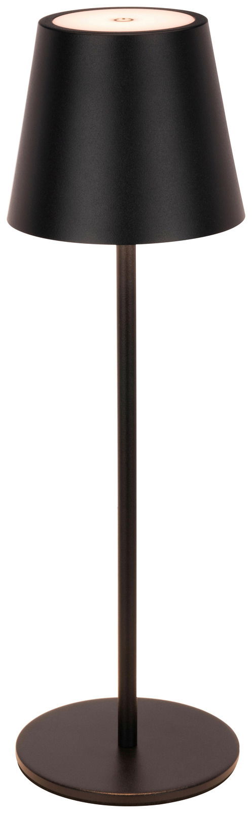 Schwarze Akku-Tischleuchte mit konischem Schirm, frontal betrachtet