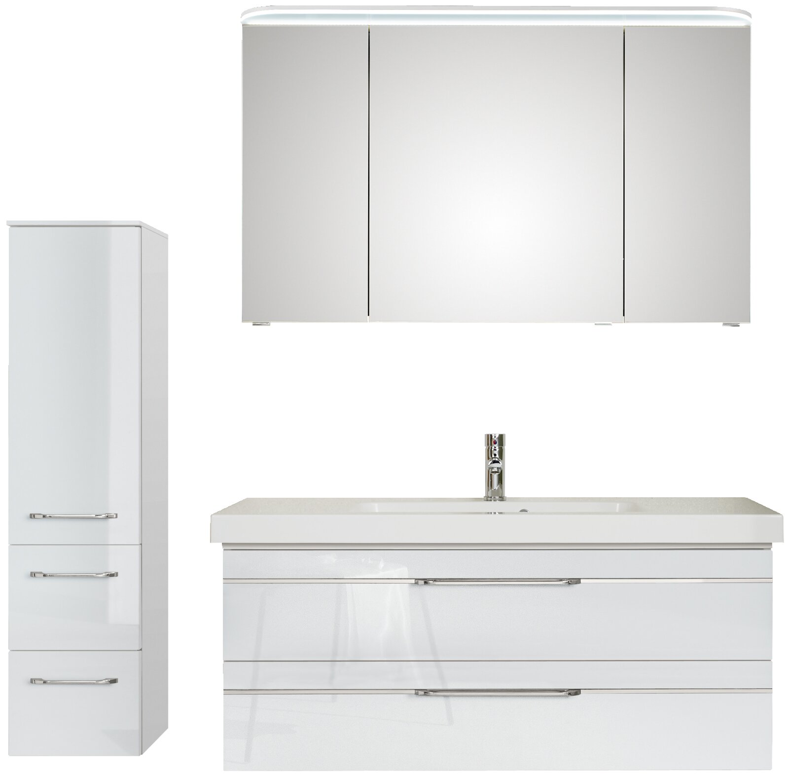 Pelipal Badblock BALTO SPRINT Badezimmermöbel-Set bestehend aus einem hohen Schrank, einem Waschtisch mit Waschbecken und einem Spiegelschrank, frontal betrachtet.