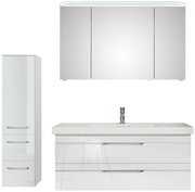 Badezimmermöbel-Set bestehend aus einem hohen Schrank, einem Waschtisch mit Waschbecken und einem Spiegelschrank, frontal betrachtet.
