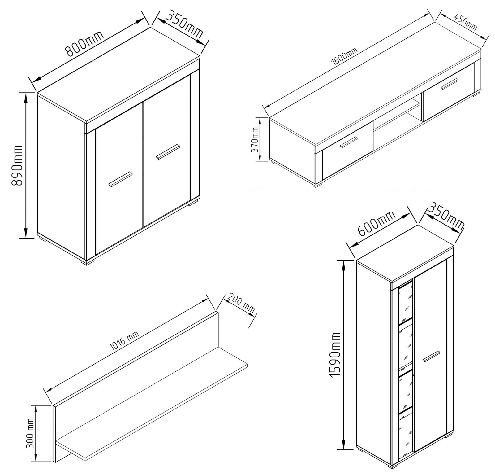 Technische isometrische Zeichnung eines Möbel-Sets mit Maßen: Sideboard 800×350×890 mm, TV-Lowboard 1600×450×370 mm, Hochschrank 600×350×1590 mm und Wandboard 1016×200×300 mm, dargestellt aus schräger Vorderansicht.
