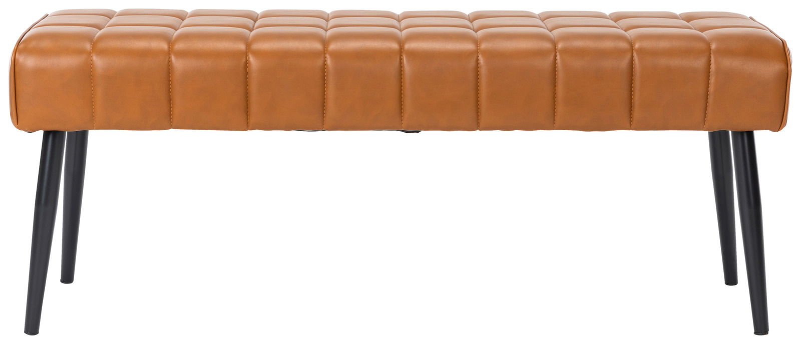 Sitzbank aus braunem Leder mit gestepptem Muster und schwarzen Metallbeinen, seitliche Perspektive
