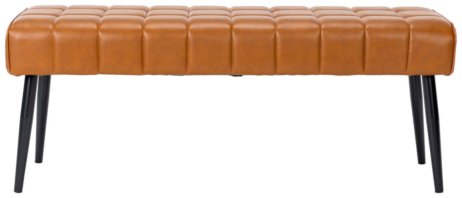 Sitzbank aus braunem Leder mit gestepptem Muster und schwarzen Metallbeinen, seitliche Perspektive