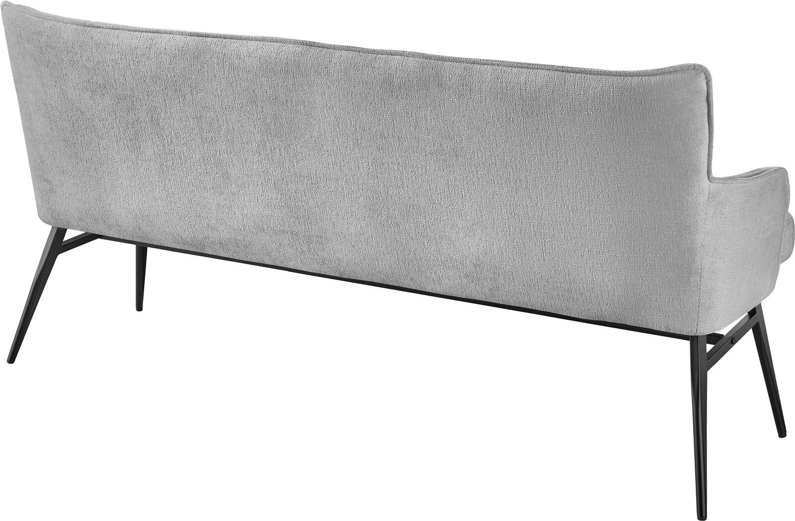 Rückansicht einer modernen grauen Bank mit schlanken schwarzen Metallbeinen.