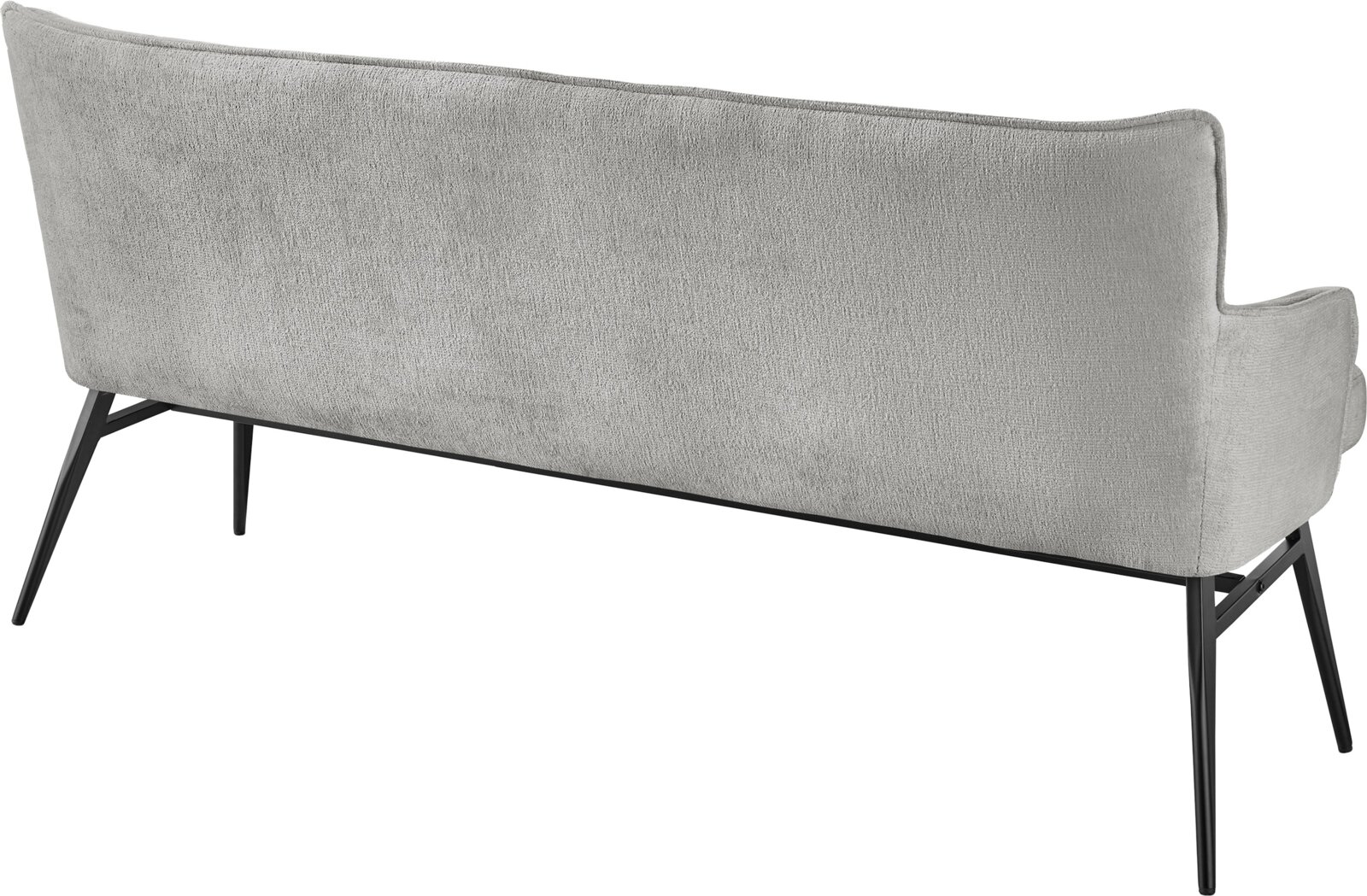 Achterkant van een moderne grijze bank met slanke zwarte metalen poten.