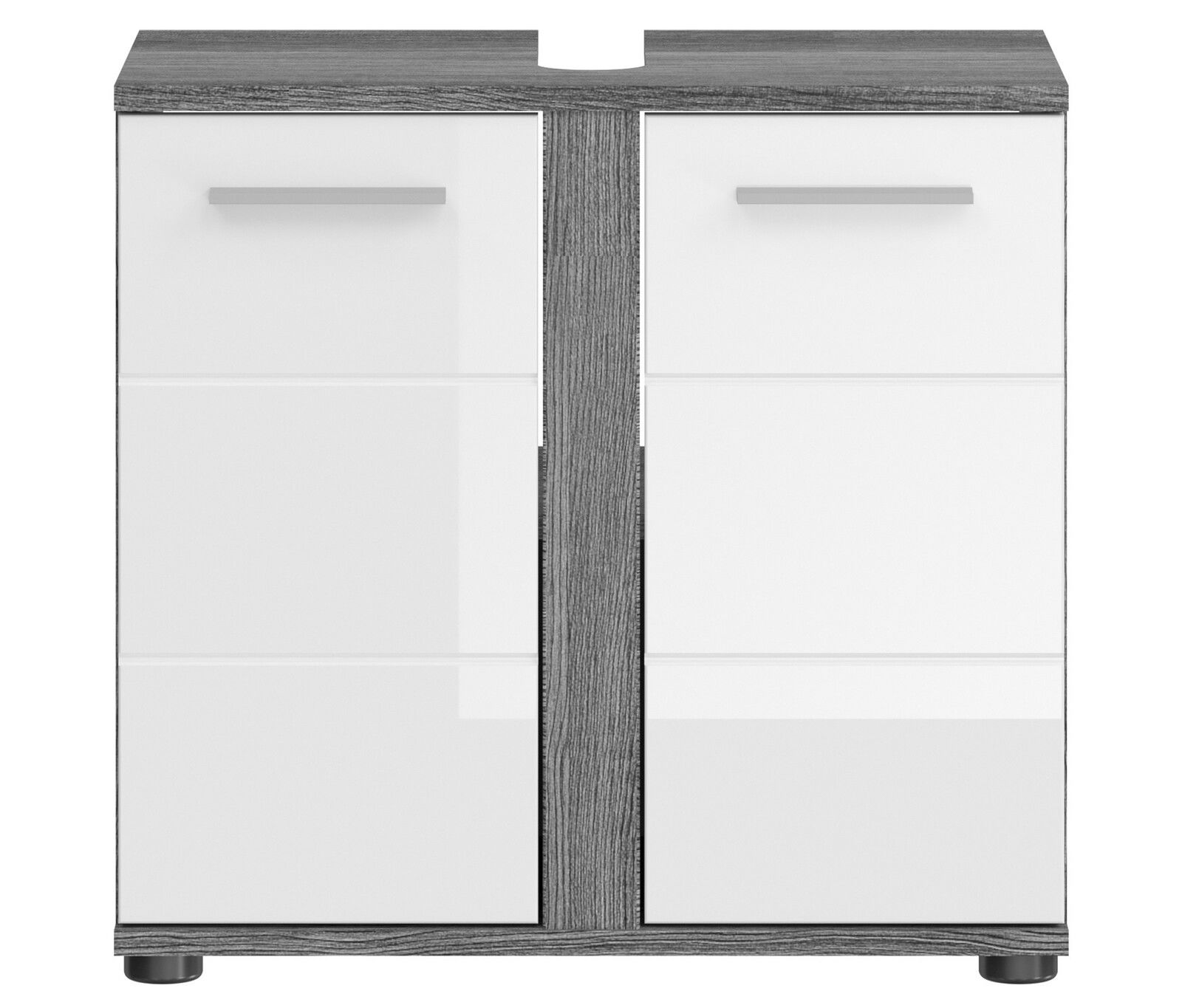 Frontansicht eines modernen Badezimmerschranks mit weißer Hochglanzoberfläche und grauen Holzdetails.
