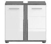 Frontansicht eines modernen Badezimmerschranks mit weißer Hochglanzoberfläche und grauen Holzdetails.