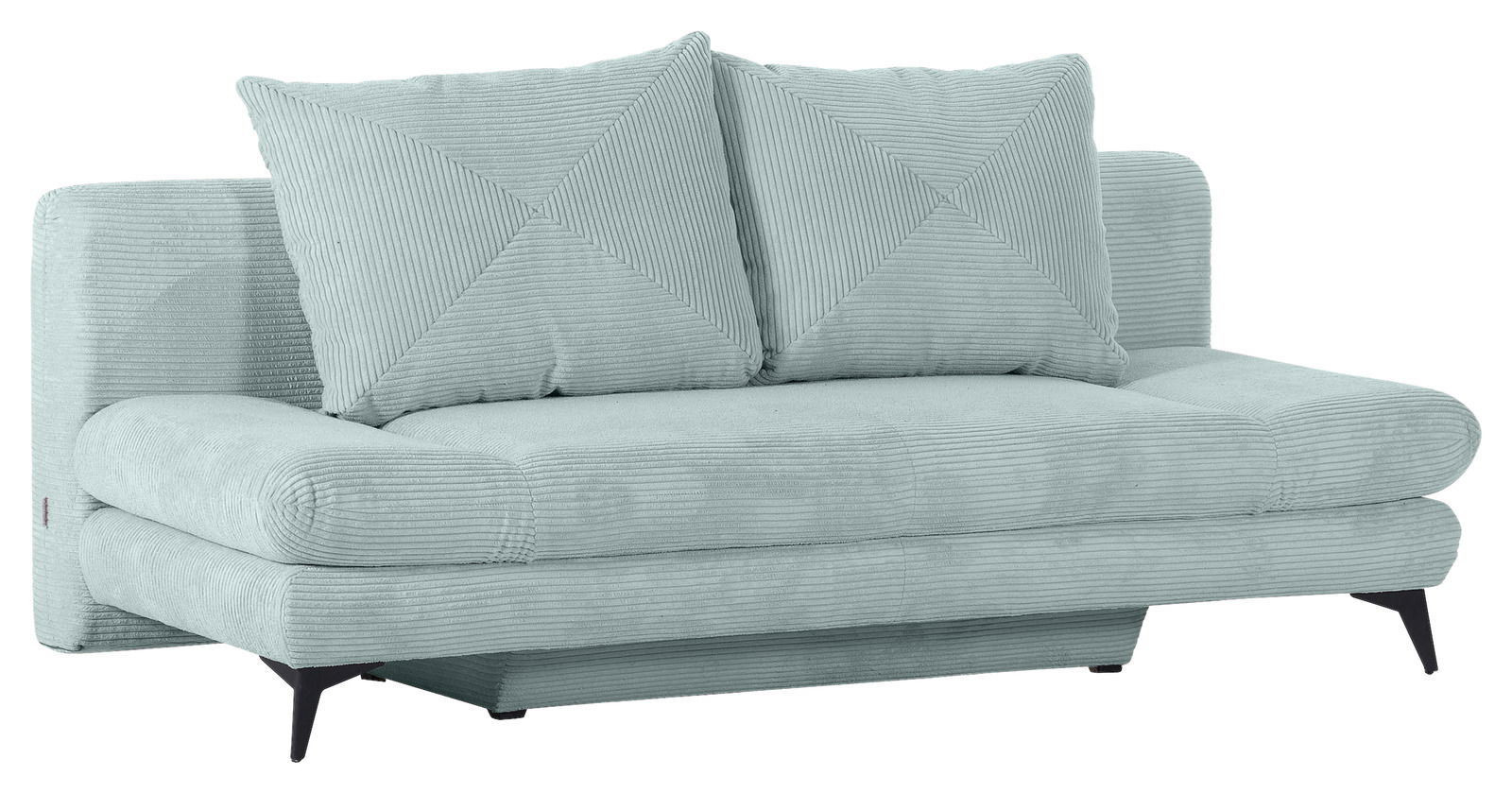 Funktionssofa ELIO in hellgrünem Stoff mit zwei großen Kissen, seitliche Perspektive