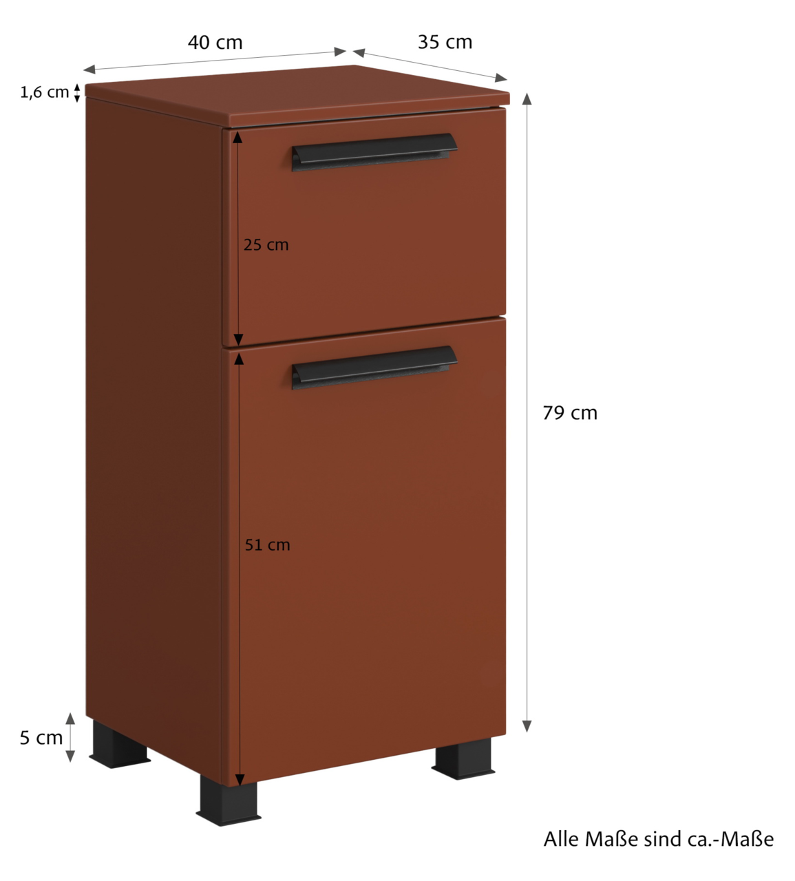 Unterschrank in rotbrauner Farbe mit zwei Schubladen, schwarzem Griff und schwarzen Füßen, seitliche Perspektive