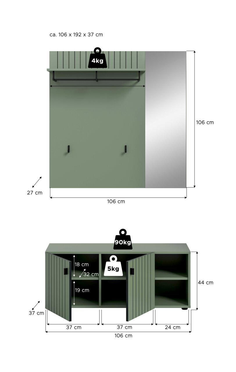 Frontansicht eines grünen Garderoben-Sets mit Wandpaneel, Ablage und zwei Haken sowie seitlichem Spiegel; Maße ca. 106 × 192 × 37 cm, unten Schuhschrank 106 × 44 × 37 cm mit Türen und Fächern, Belastungsangaben 4 kg/5 kg/90 kg.