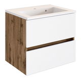 Moderner Waschplatz mit weißem Waschbecken und Holzoptik, seitliche Perspektive