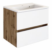 Moderner Waschplatz mit weißem Waschbecken und Holzoptik, seitliche Perspektive