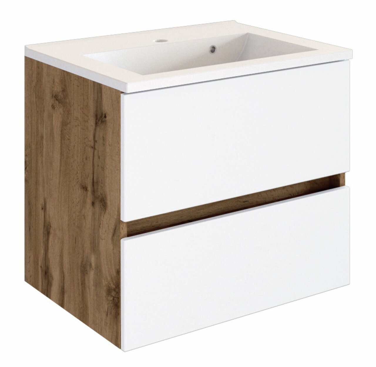 Moderner Waschplatz mit weißem Waschbecken und Holzoptik, seitliche Perspektive