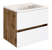 Moderner Waschplatz mit weißem Waschbecken und Holzoptik, seitliche Perspektive