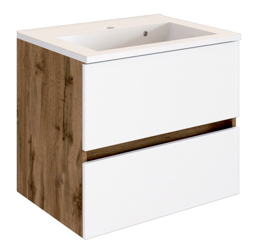 Moderner Waschplatz mit weißem Waschbecken und Holzoptik, seitliche Perspektive