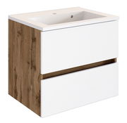 Moderner Waschplatz mit weißem Waschbecken und Holzoptik, seitliche Perspektive