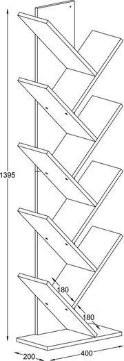 Technische Strichzeichnung eines freistehenden, schrägen Prospekt- oder Zeitschriftenständers mit mehreren Ablagefächern; Seitenansicht in leichter Perspektive, Maße ca. 1395 mm hoch, 400 mm breit und 200 mm tief.