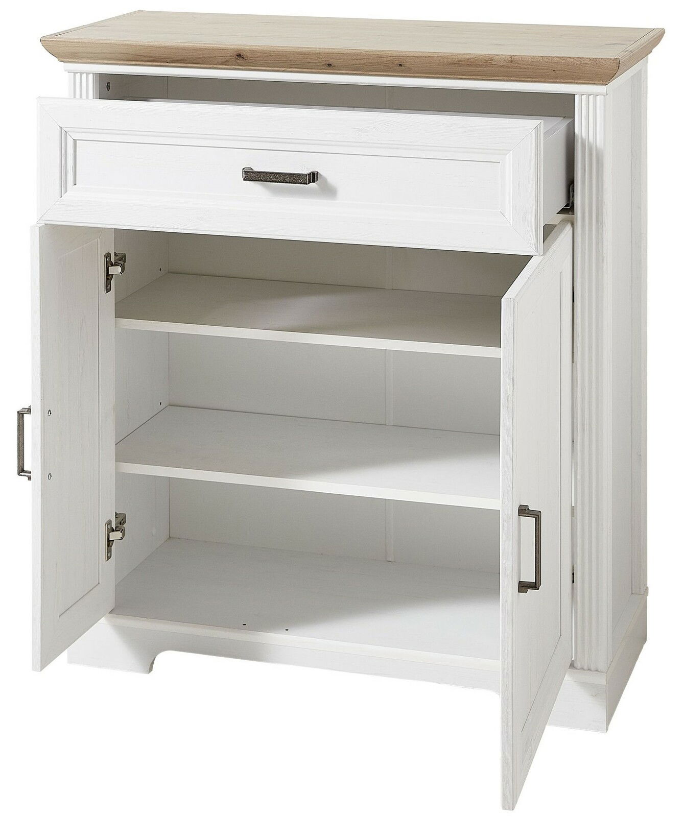 Landscape Garderoben-Set JUDITH Weiße Kommode mit Holzplatte, einer offenen Schublade und zwei offenen Türen, Frontalansicht
