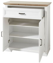 Weiße Kommode mit Holzplatte, einer offenen Schublade und zwei offenen Türen, Frontalansicht