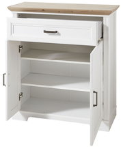 Weiße Kommode mit Holzplatte, einer offenen Schublade und zwei offenen Türen, Frontalansicht