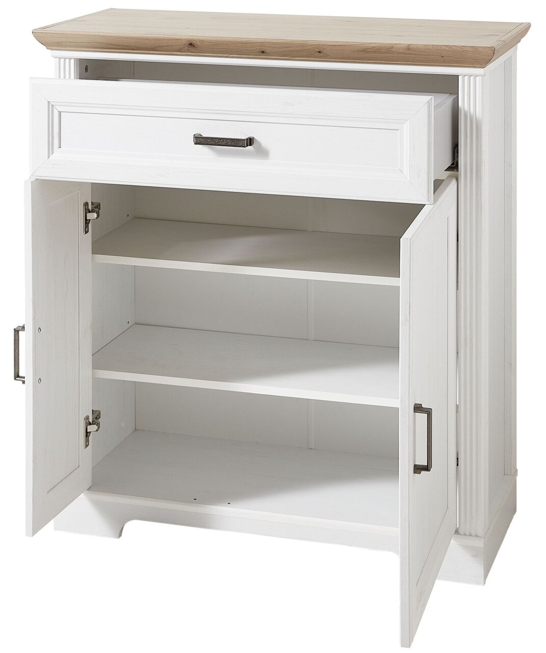 Landscape Garderoben-Set JUDITH Weiße Kommode mit Holzplatte, einer offenen Schublade und zwei offenen Türen, Frontalansicht