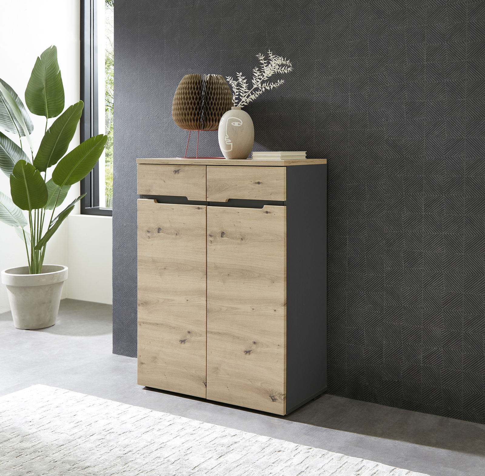 Modernes Highboard aus Holz mit zwei Türen und zwei Schubladen, dekoriert mit Vasen und Pflanzen, seitliche Perspektive