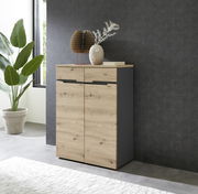 Modernes Highboard aus Holz mit zwei Türen und zwei Schubladen, dekoriert mit Vasen und Pflanzen, seitliche Perspektive