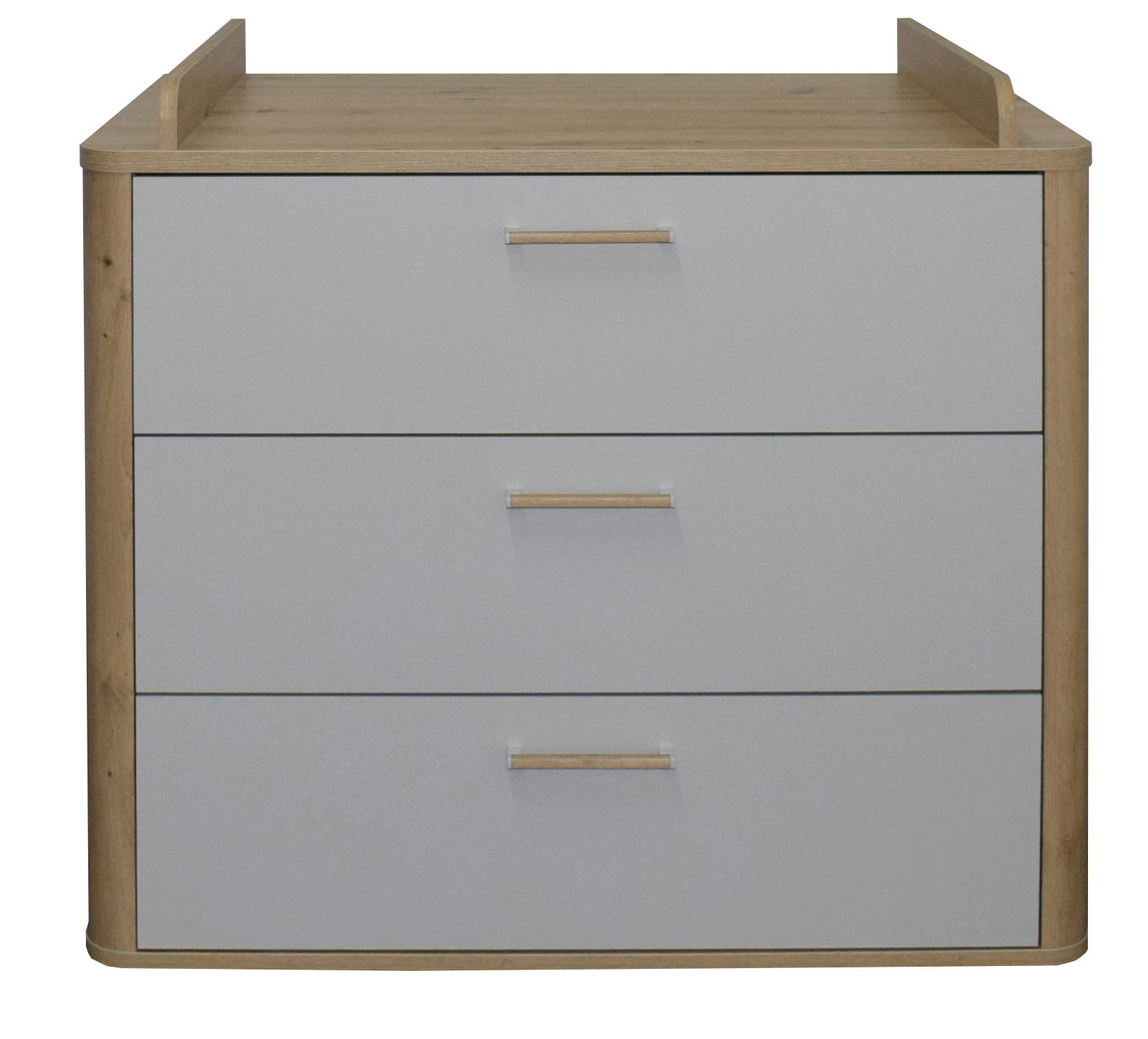 Wickelkommode mit drei Schubladen in Holzoptik und grauer Front, Frontalansicht