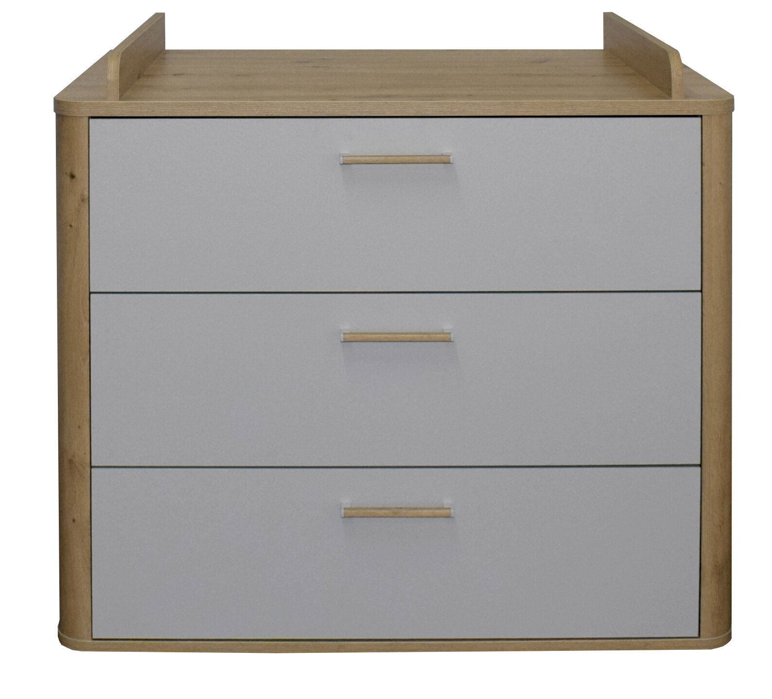 Wickelkommode mit drei Schubladen in Holzoptik und grauer Front, Frontalansicht