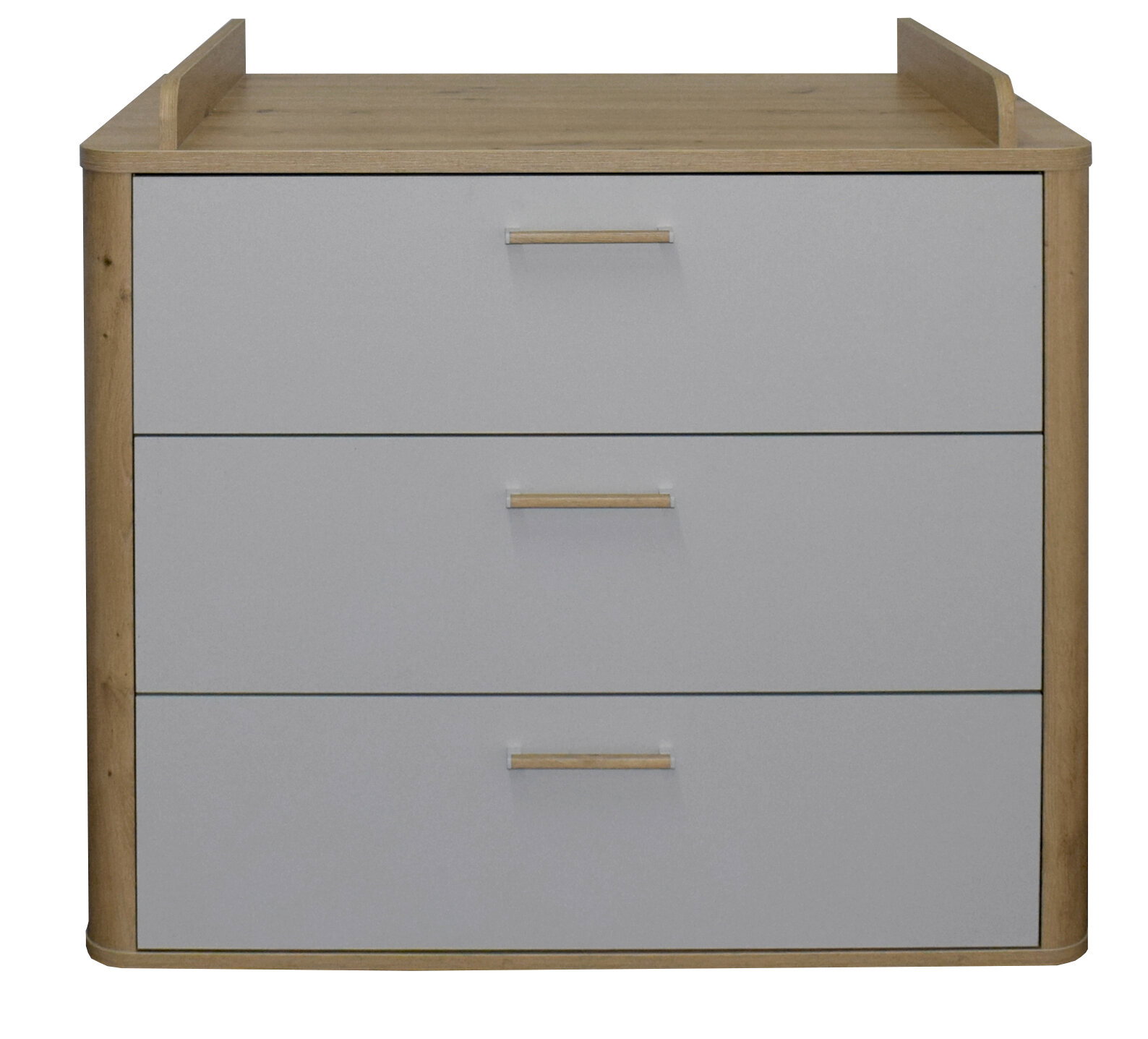 Wickelkommode mit drei Schubladen in Holzoptik und grauer Front, Frontalansicht