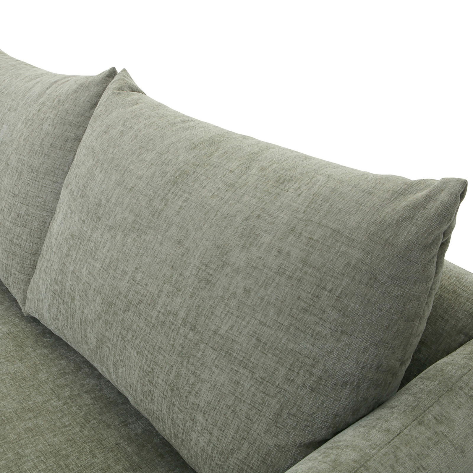 Nahaufnahme eines grauen Sofakissens mit strukturiertem Stoff, Perspektive von oben.