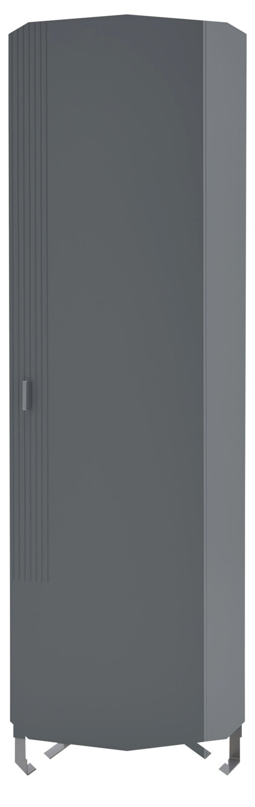 Grauer Garderobenschrank in Frontalansicht mit modernen Metallfüßen und vertikalen Rillen auf der linken Seite der Tür.