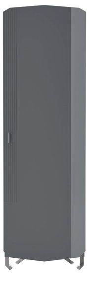 Grauer Garderobenschrank in Frontalansicht mit modernen Metallfüßen und vertikalen Rillen auf der linken Seite der Tür.