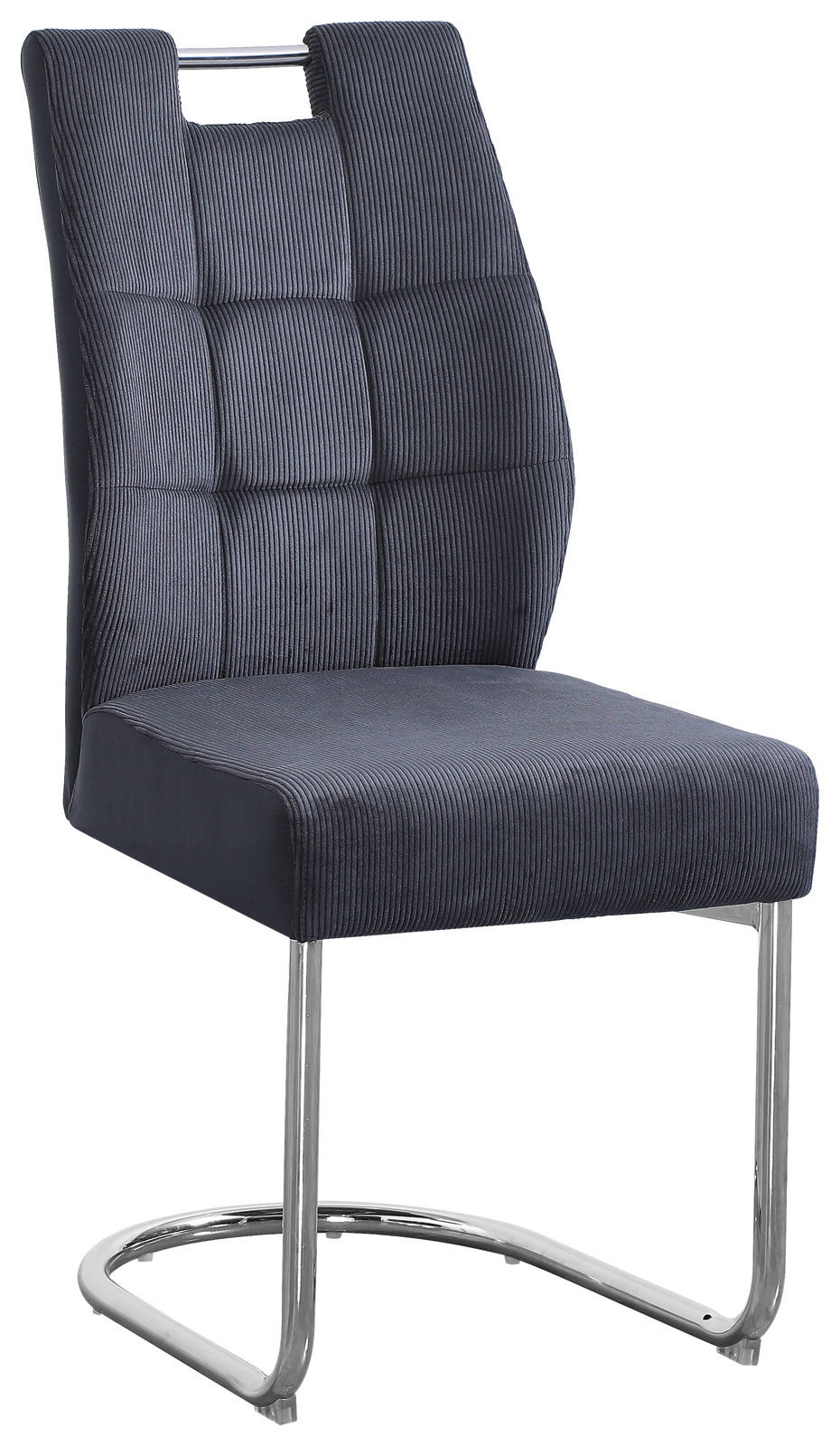 Moderner Schwingstuhl mit dunkelgrauem Stoffbezug und verchromtem Gestell, seitliche Perspektive
