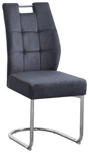 Moderner Schwingstuhl mit dunkelgrauem Stoffbezug und verchromtem Gestell, seitliche Perspektive