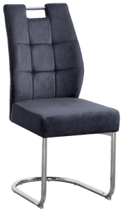 Moderner Schwingstuhl mit dunkelgrauem Stoffbezug und verchromtem Gestell, seitliche Perspektive