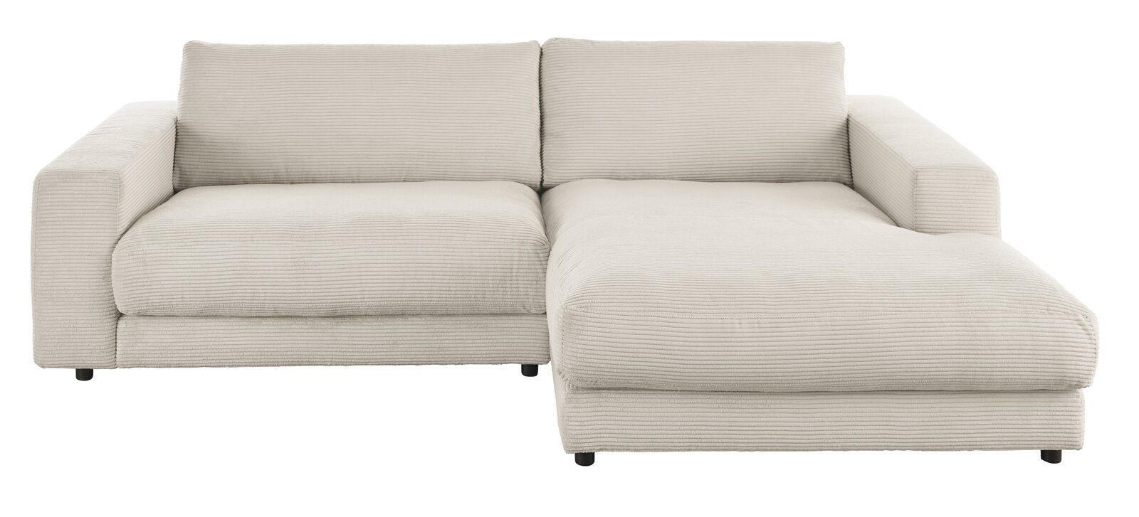 Beige Longchairkombination aus Cordstoff, frontal betrachtet, mit breiten Armlehnen und einem großzügigen Sitzbereich.