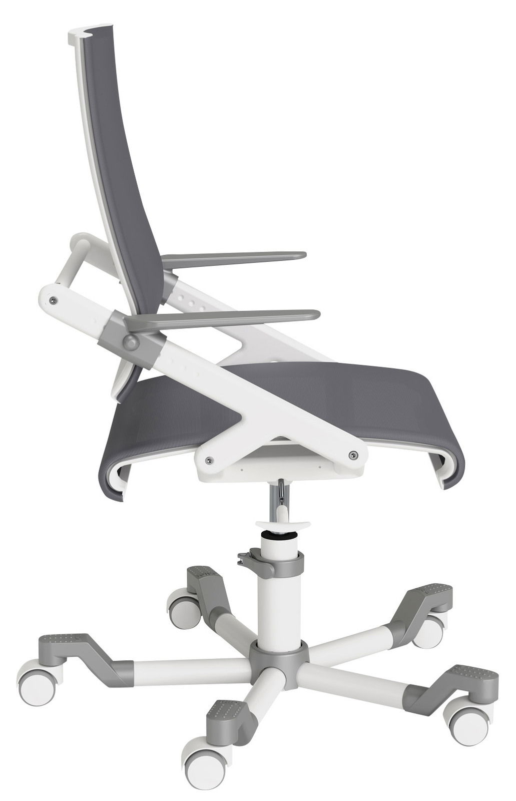 Moderner Bürostuhl in Seitenansicht mit grauem Sitz und Rückenlehne, weißen Armlehnen und Rollen.