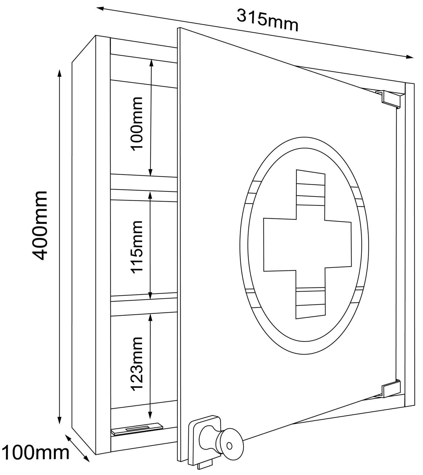 Wandschrank für Erste-Hilfe/Medikamente mit Kreuzsymbol auf der Tür, technische Zeichnung mit Maßen (ca. 400 mm hoch, 315 mm breit, 100 mm tief), schräg von vorn rechts dargestellt