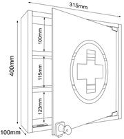 Wandschrank für Erste-Hilfe/Medikamente mit Kreuzsymbol auf der Tür, technische Zeichnung mit Maßen (ca. 400 mm hoch, 315 mm breit, 100 mm tief), schräg von vorn rechts dargestellt