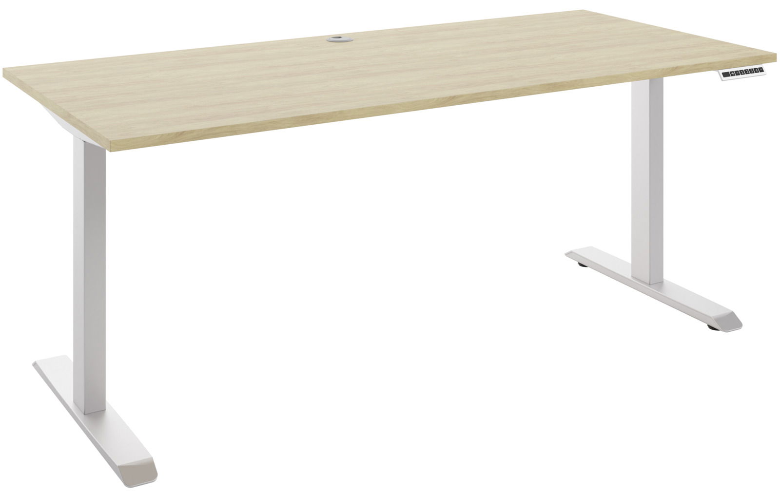 Moderner E-Schreibtisch mit heller Holzoberfläche und weißen, höhenverstellbaren Metallbeinen, seitliche Perspektive