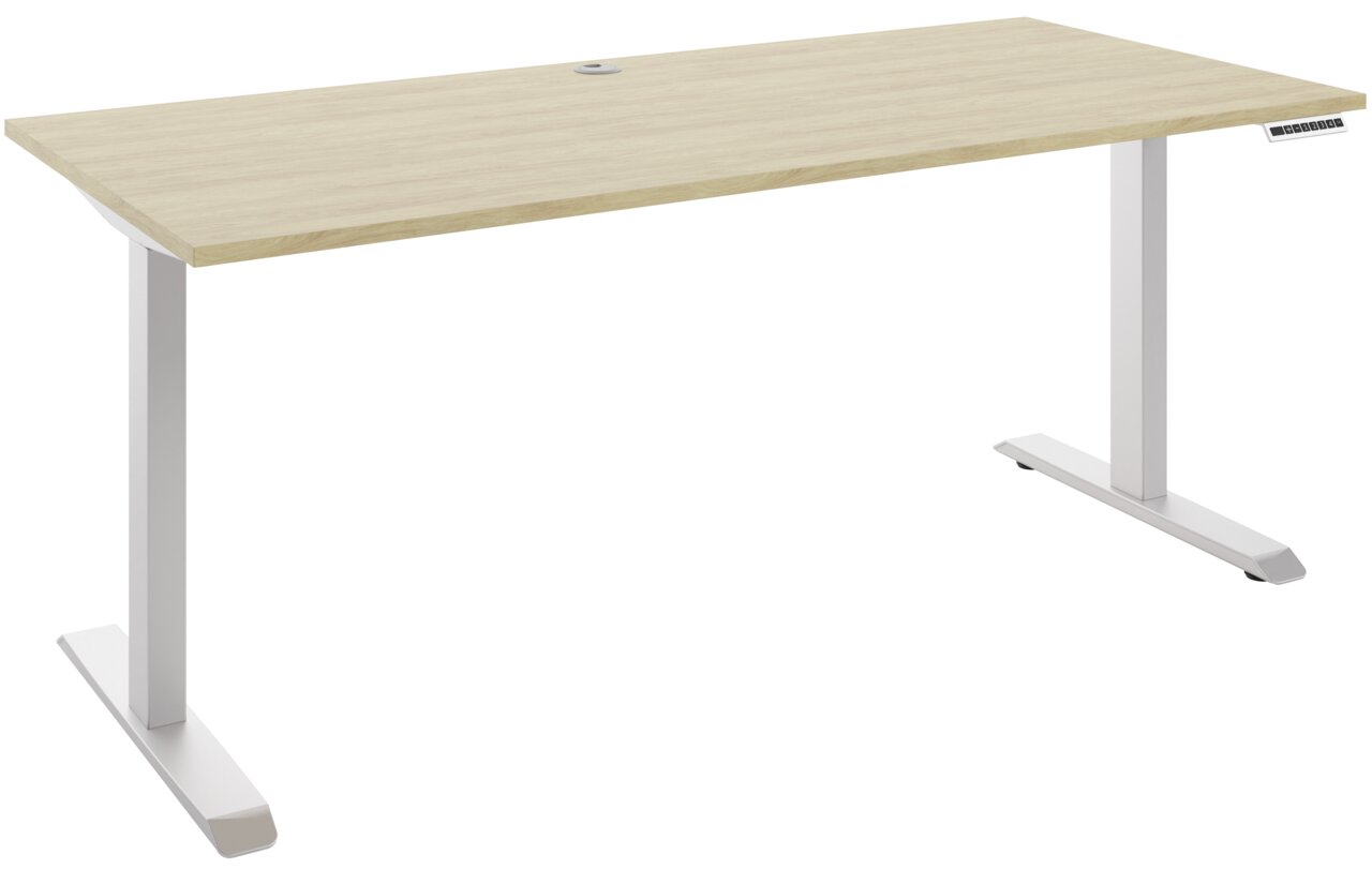 Moderner E-Schreibtisch mit heller Holzoberfläche und weißen, höhenverstellbaren Metallbeinen, seitliche Perspektive