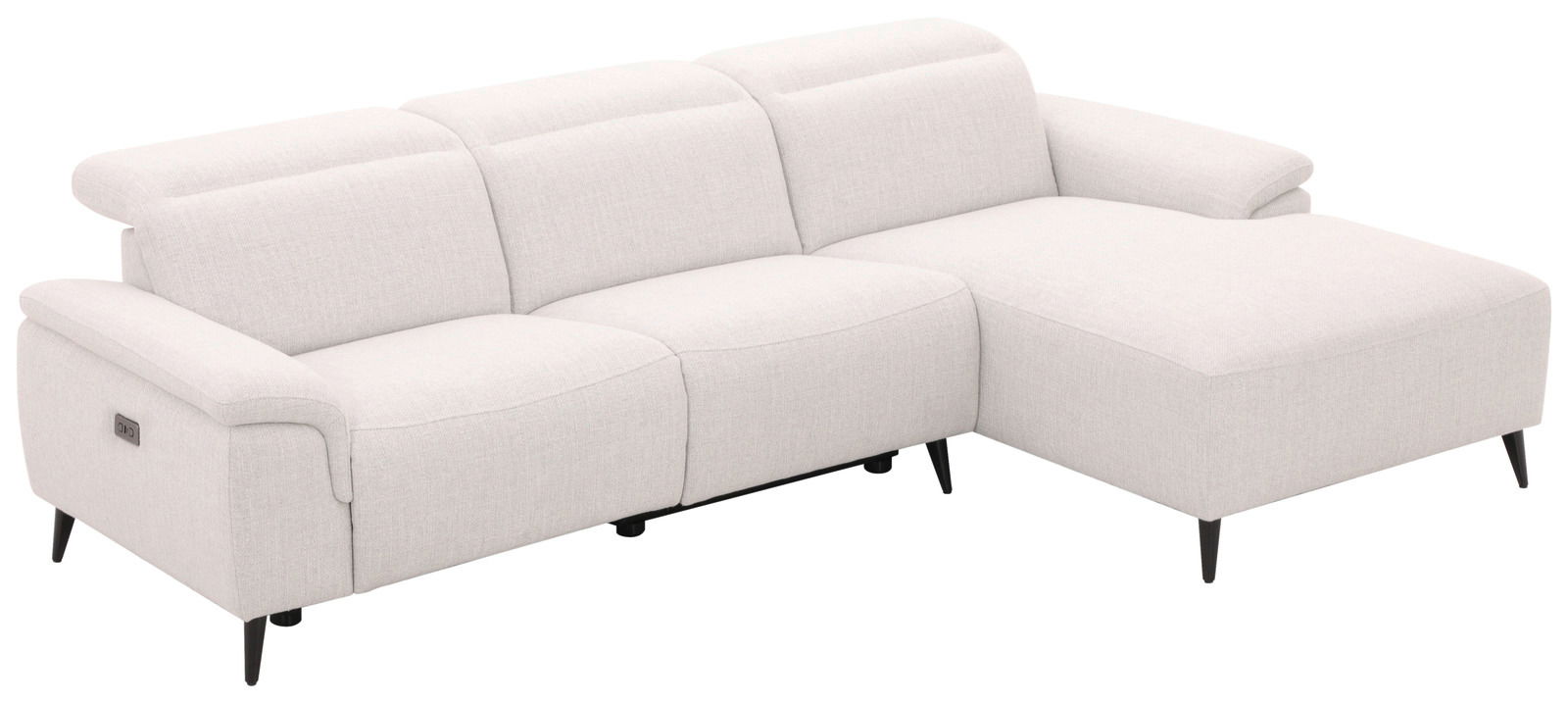 Helle Longchairkombination mit drei Sitzen und einer Chaiselongue, seitliche Perspektive