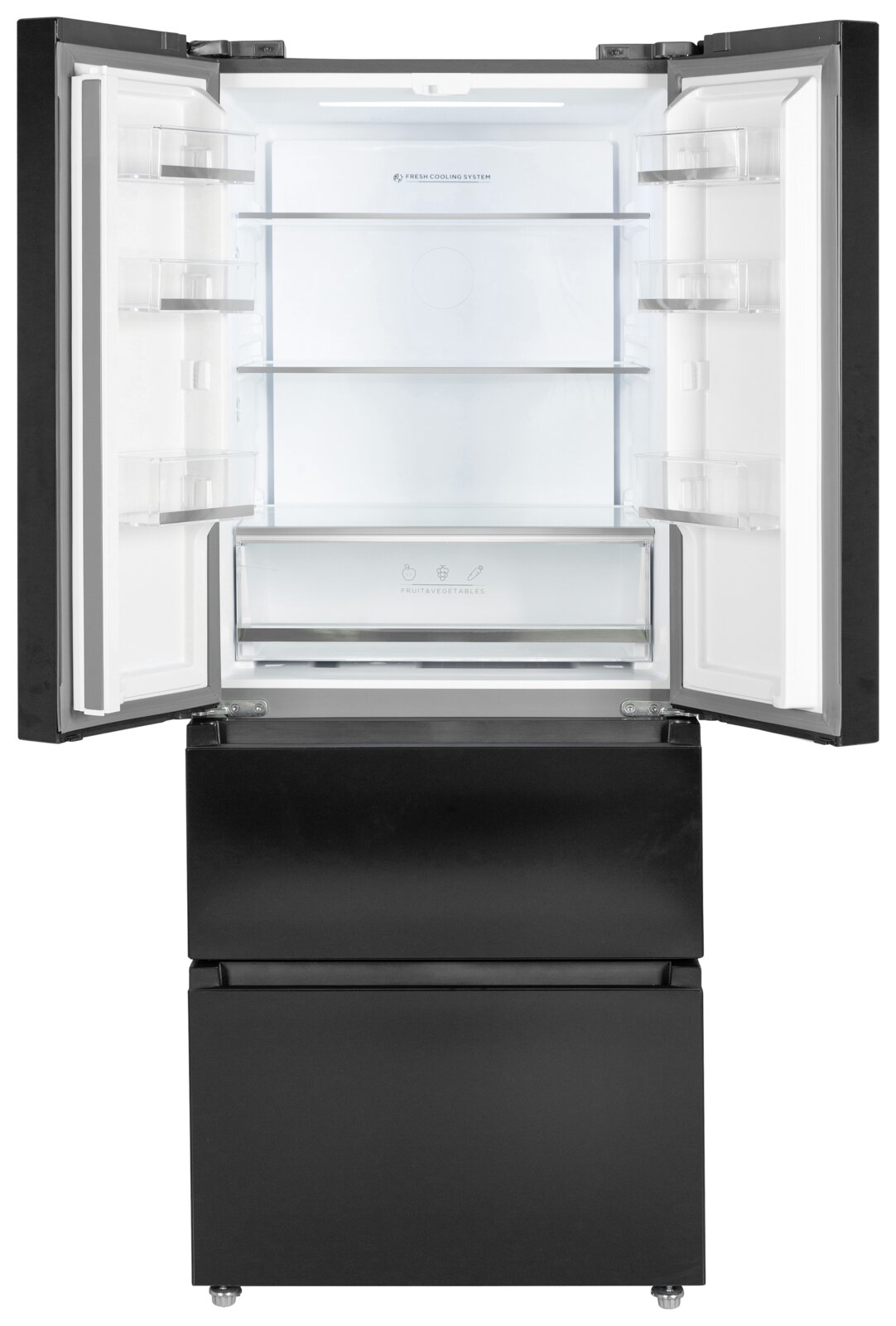Openstaande zwarte koelkast met dubbele deur en twee vrieslades, wit verlicht interieur met glazen legplanken en groentelade, frontaal aanzicht