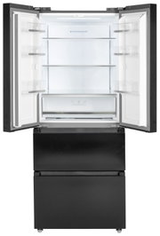 Openstaande zwarte koelkast met dubbele deur en twee vrieslades, wit verlicht interieur met glazen legplanken en groentelade, frontaal aanzicht