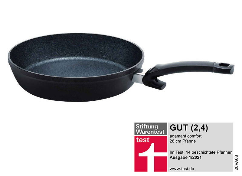 Pfanne Adamant Comfort 28cm, seitliche Perspektive, schwarze Antihaftbeschichtung, ergonomischer Griff