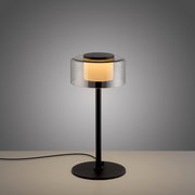 Moderne Tischleuchte RIKA mit schwarzem Ständer und transparentem Lampenschirm, seitliche Perspektive